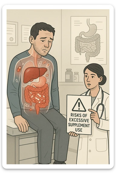 a man sits on a doctor’s examination table, looking fatigued and uncomfortable. A transparent anatomical overlay reveals his liver and intestines, both appearing inflamed and congested, with stylized supplement capsules and pills scattered throughout the digestive tract. The doctor stands nearby, holding a chart that highlights the risks of excessive supplement use. The mood is clinical and educational. sticker