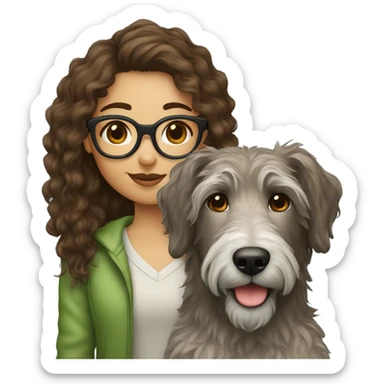 Brown curly hair girl with glasses and an Irish wolfhound dog sticker