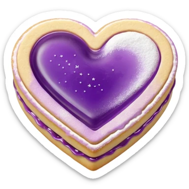 Realistic shortbread cookie in the shape of a heart with purple pastel jelly middle filling and sprinkled powder sugar on top. sticker