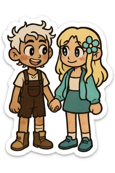 Combine these two cartoon characters as a couple, standing side by side, matching their style, with a transparent background. The style should blend the characteristics of both characters harmoniously in a single image. sticker