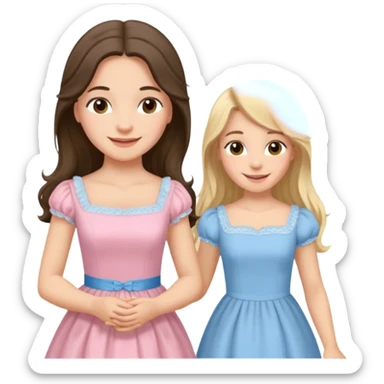 happy long hair brunette girl in light pink dress and blonde girl in light blue dress pride and prejudice sticker