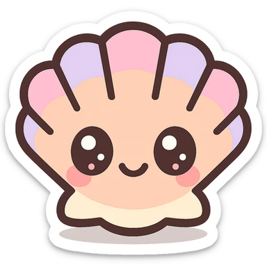 super kawaii chibi baby seashell character, soft pastel colors, big sparkling eyes, bolder outline, soft shadow, high contrast, minimal clean layout, PNG, transparent background sticker