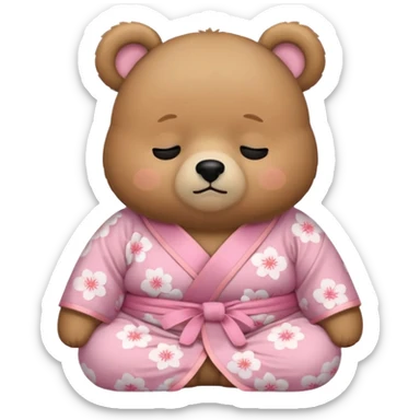 A cute chubby light-brown bear wearing a pastel pink sakura-patterned kimono, tiny body and big round head, adorable simple face, sleepy half-closed eyes, small blush on cheeks, sitting while dozing off, tiny “zzz” floating above the head sticker