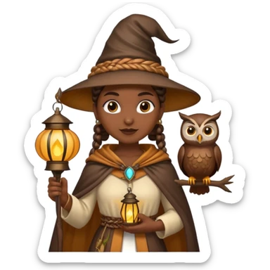 woodland emoji character, dark skin woman with braids dressed as owl mage, feather cape, holding lantern sticker