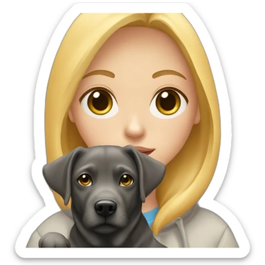 A blonde girl  with blues eyes, with smooth hair and a ray,she has light skin a few freckles, and she wear a hoodies and she Carries in his arms a black baby labrador dog  sticker
