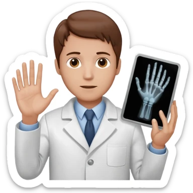 Radiografía de mano sostenida por un hombre con bata blanca  piel clara cabello café sticker