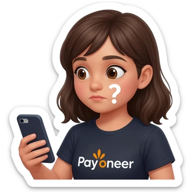 Girl looking at her phone with wondering face and a question mark wearing dark tshirt with payoneer logo sticker