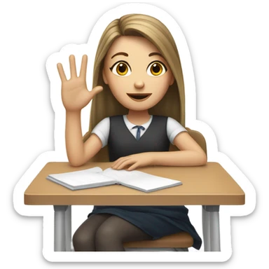 A white girl with one raised hand at a desk at school  sticker