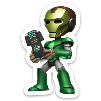 Marvel Ironman Wearing doctor doom mask green color looking in front and holding gaming remote in his hand sticker