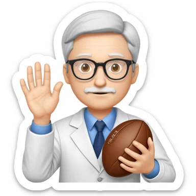 professor with glasses and academic attire with hands positioned as if gripping an invisible rugby ball sticker
