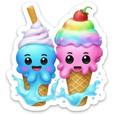 Two Kawaii pastel neon rainbow bedazzled sea creatures enjoying ice cream that looks like kawaii squids  sticker