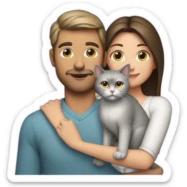 white brun man and brunette woman with a big gray cat in their arms sticker