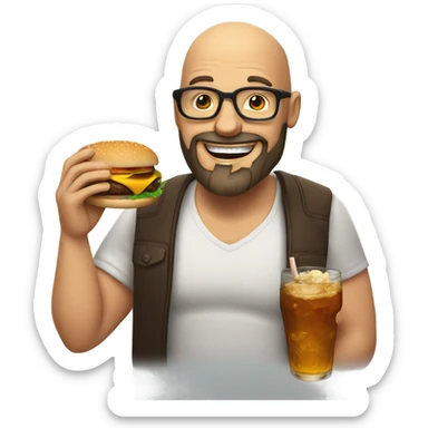 Happy bald man with beard and glasses eating a burger and drinking bourbon  sticker
