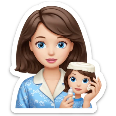 Barbie girl with makeup, blue eyes , and bob long haircut wavy, short brown hair in creamy color pajamas, face cream in hand sticker