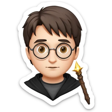 harry potter with round glasses, lightning scar, and wand sticker