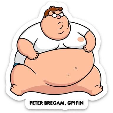 Peter Griffin from Family Guy with a huge pregnant belly, laying down on his back, sweating, exhausted expression, wearing his signature outfit sticker