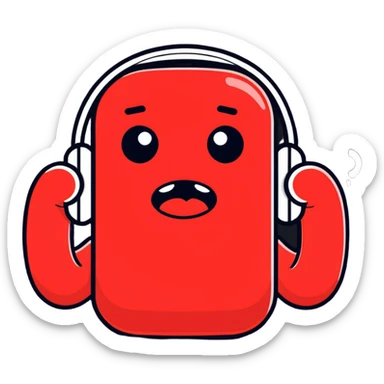 audio fan with red face from excitement, sweating, gripping a phone with an audio app, bulging eyes, vibrant sticker style sticker