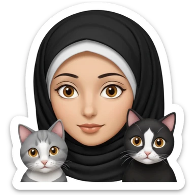 A Arabic woman human with brown eyes and black hijab. and three cats, two cats black and white and one grey cat  sticker