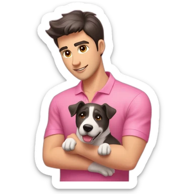 young handsome man with straight short dark hair and dark eyes with large eyelashes and plump pink lips protruding cheekbones in a sports polo shirt hugs a dog sticker