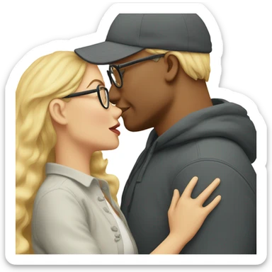 blonde woman with glassen and men with cap kissing sticker