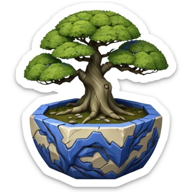 American very old broken intricate Stone Age rocky-crusted dodecahedron-shaped shallow dark moss rough bark blue willow flower maple tree bonsai pot sticker
