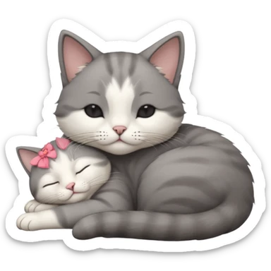 dark grey and white small cat with his eyes closed leaning his head on his paw while leaning on his elbow lying down sticker