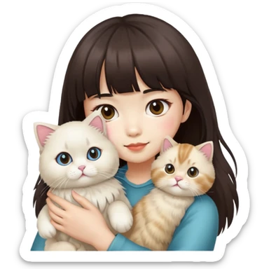 Asian girl with bangs holding a ragdoll cat sticker