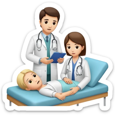 A doctor examines a sick patient at the center.  sticker