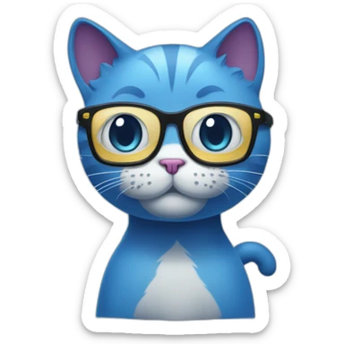 The blue cat is waist-high, has a belly sticking out, has glasses, And is associated with cryptocurrency sticker