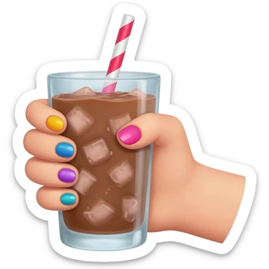 chocolat froid dans un grand verre avec une paille tenue par le bout d’une jolie main de femme avec une belle manucure Style Pinterest réaliste sticker