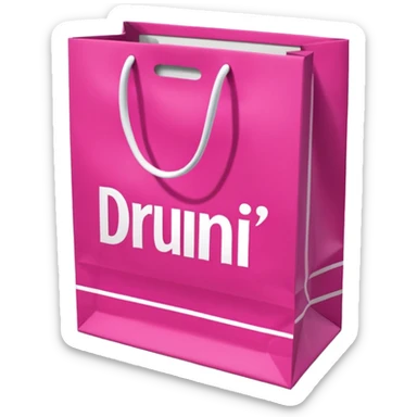 Fuchsia pink paper bag with white handles, repeating DRUNI pattern in light pink and a large vertical 'DRUNI' in bold white letters in the center, iOS emoji style, shiny and realistic. sticker