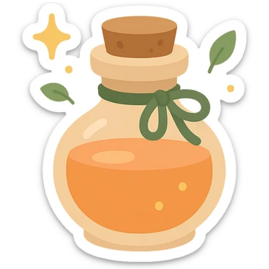 "A cute potion bottle with a whimsical and cozy design, featuring soft and warm colors: golden orange (FA9B41), deep forest green (4A7C5C), muted taupe brown (96775A), and pastel peach (FFCC9A). The bottle is small, round, and slightly vintage in style, with a cork stopper and a delicate ribbon tied around its neck. The potion inside glows faintly with a peachy-orange hue. Surroundings include soft lighting and a magical atmosphere, possibly with sparkles or tiny floating leaves, emphasizing a warm and enchanting mood. The style is charming, storybook-like, and detailed sticker