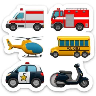 🚂 Train  🚑 Ambulance  🚒 Fire Truck  🚲 Bicycle  🚓 Police Car  🚁 Helicopter  🚌 School Bus  🚗 Car  🛵 Scooter  🚜 Road Roller icons  banavi dee sticker