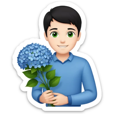 Smiling boy with fair skin and black hair that stands up and green eyes with bouquet of hydrangeas  sticker