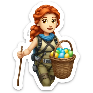 Greek Female winter mountaineer red hair white skin climbing with Greek Flag and Easter eggs basket sticker