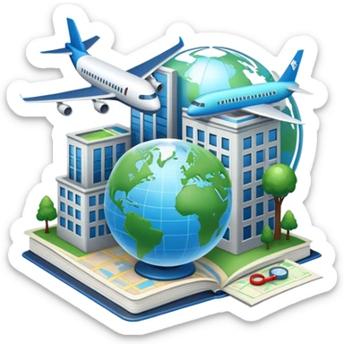An icon featuring a hotel building, and a globe, symbolizing the scientific study of tourism and hospitality. The design includes a map, a plane and train, a compass, and a checklist, representing travel planning and service management. Transparent background sticker
