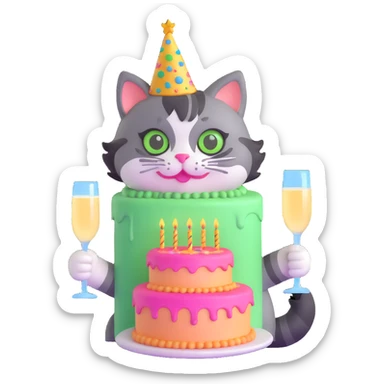 tricolor fluffy cat with big green eyes celebrating her birthday with a cake and champagne sticker