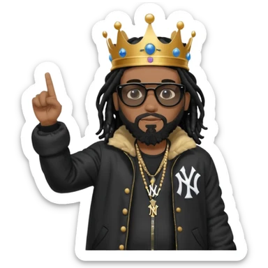 African American man with shoulder length black dreadlocks with black beard wearing black sunglasses wearing Crown on his head wearing a black bubble m New York Yankees logo winter coat pointing at himself sticker