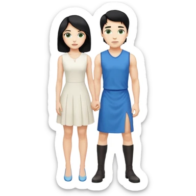 prince, standing upright, black Hair, blue eyes, garment,  woman, bending knee, white sleveless dress, blonde hair, green eyes, sticker