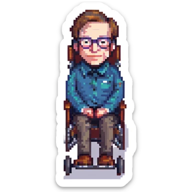 Stephen Hawking sitting in his wheelchair, wearing glasses and a gentle smile, simplified pixel art details sticker
