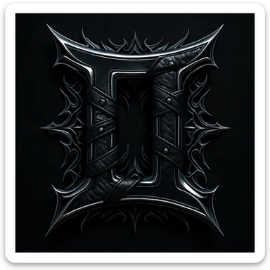 Gemini zodiac symbol fused with heavy metal iconography, dark colors, chrome and leather sticker