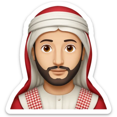 Apple emoji-style portrait of Crown Prince Mohammed bin Salman, simplified and clean, round face, friendly expression, white thobe, red-and-white checkered shemagh, minimal shading, flat colors sticker