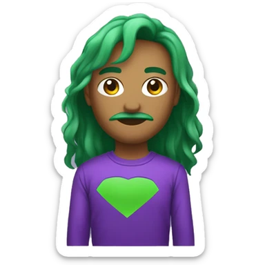 Um homem de blusa verde com detalhes em roxo de usando um bone roxo com detalhes em verde sticker
