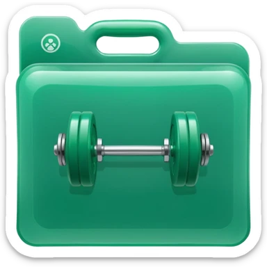 A translucent green plastic folder with rounded corners, elastic string and button closure, clean minimal look, and a dumbbell/gym symbol on the front. sticker