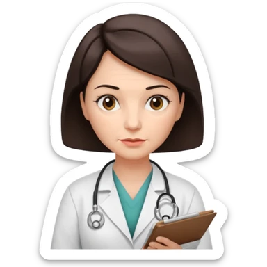 A female doctor in her 50s with visible facial wrinkles, dark brown short bob hair, looking down at and focusing on a medical chart. sticker