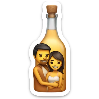 Bottle of tequila and romantic couple hugging in backgr sticker