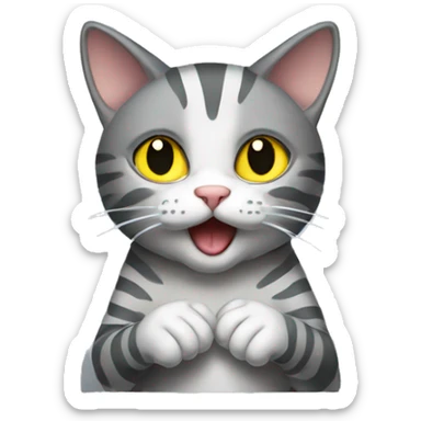 A striped gray cat with yellow eyes licks its paw sticker