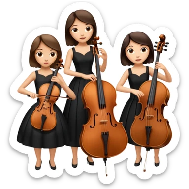 Create an imagine of three brunette women playing string instruments in black dresses, the first is playing a cello, the second is playing a viola and the third is playing the violin sticker