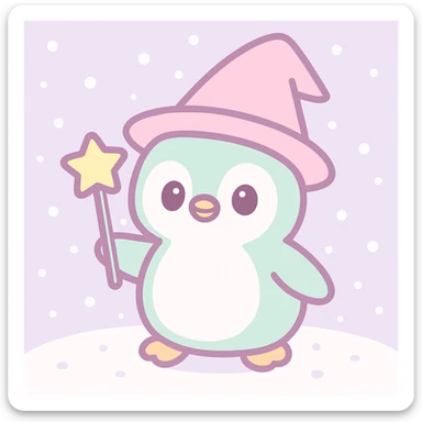 Add a snowy background behind the penguin wizard, keeping the whimsical kawaii style. sticker