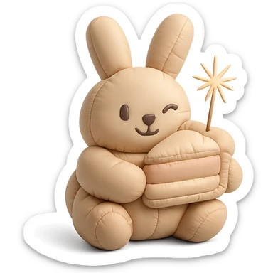 bunny holding cake slice and sparkler, winking, cushion style sticker